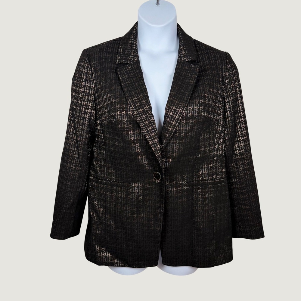 Chicos Blazer Jacket 2 US 12 Black Bronze Metallic Textured Single Button Office